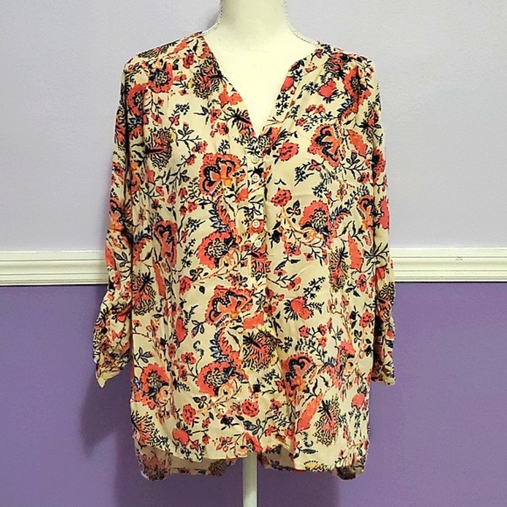 Nine West Jeans Georgia Scallop Shell Botanical Roll Tab Sleeve Popover Top S